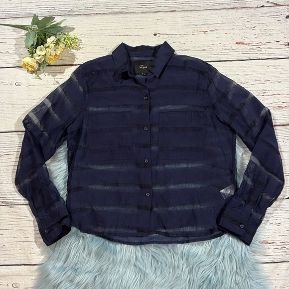 Rails Cameron Sheer Panel Cropped Button Front Blouse- Navy - Picture 2 of 9